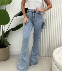 Jeans Flare Pants Woven With Lycra Women's Premium Elastane - Azul lavado medio - Ver 1