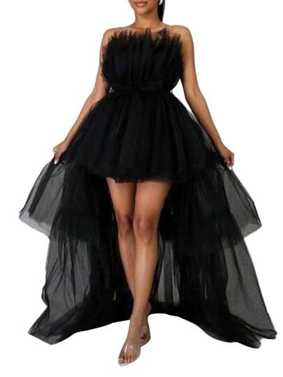 Women's Strapless Tulle High-Low Dress  Solid Color Tiered Cocktail Party Prom Gown  Elegant Evening Wear