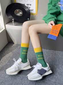 5 Pairs Randomly Shipped Women's Autumn/Winter Simple Stitched Colorful Letter Socks, Casual And Sports Mid-Calf Socks, Double Layer Sports Socks, Wear-Resistant - Multicolor - View 4