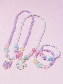 2 件套女孩可爱独角兽吊坠项链手链串珠首饰套装，适合女孩节日派对生日礼物，日常佩戴，颜色随机