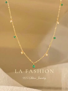 1 Pieza Collar de Mujer de Plata de Ley 925 con Colgante de Borla de Corte Esmeralda y Circonitas, Collar Gargantilla Sencillo para Cumpleaños, Fiesta, Uso Diario