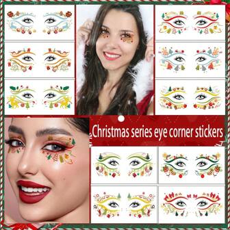 10 件装临时眼部纹身，适用于圣诞节和万圣节，眼角有可爱的纹身贴纸，有可怕的骷髅、南瓜、猫、蝙蝠、蜘蛛和网状图案，适合化妆和节日派对脸部贴纸