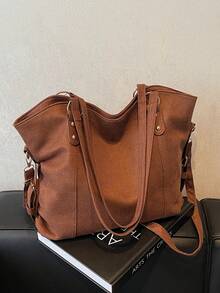 1 件女士铆钉装饰大容量可折叠手提包，适用于日常办公、休闲、度假、通勤、商务旅行、学校 - 咖啡棕 - 查看 8