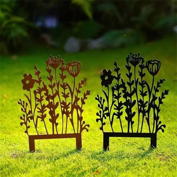 1pc 30cm Rusty Iron Silhouette Flower & Plant Decoration Stake, Suitable For Yard, Garden, Planter, Home Decor, Halloween, Christmas