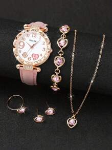 6pcs Pink PU Alloy Firework Heart Design Quartz Watch, Hollow Necklace, Bracelet, Ring, Earring Jewelry Set, Birthday Gift For Kids - Pink - View 3