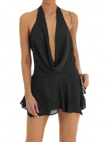 Womens Summer Short Sling Dress Solid Color Sleeveless Backless Hanging Neck Dress - 黑色 - 查看 1