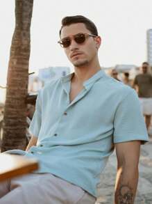 Men's Short Sleeve Shirt With Priest Collar Premium Quality Light And Fresh Fabric Easy To Iron - 藍色 - 查看 1