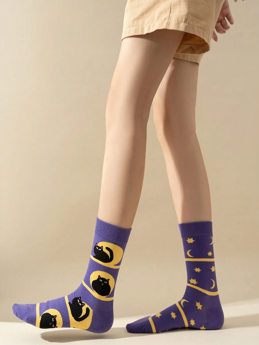 1 coppia di calze di lunghezza media per donna con il disegno personalizzato di gatto nero, stelle e luna - Multicolore - Visualizzare 1