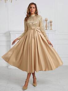 Robes de bal pour femmes Robe de soirée formelle en satin pailleté à col montant, robe de soirée, robe pour invités de mariage - Kaki - Voir 2