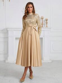 Robes de bal pour femmes Robe de soirée formelle en satin pailleté à col montant, robe de soirée, robe pour invités de mariage - Kaki - Voir 6