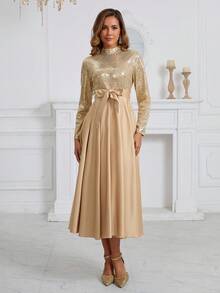 Robes de bal pour femmes Robe de soirée formelle en satin pailleté à col montant, robe de soirée, robe pour invités de mariage - Kaki - Voir 5