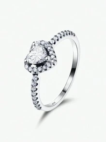 1 Set Including 1pc Pure Silver Necklace, 1 Pair Pure Silver Earrings And 1pc Pure Silver Ring, Hypoallergenic Design With Loving Heart Pattern And Elegant Square Cubic Zirconia, Showcasing Your Refined, Romantic And Versatile Charm. Valentine's Day Gift - Silver - View 10