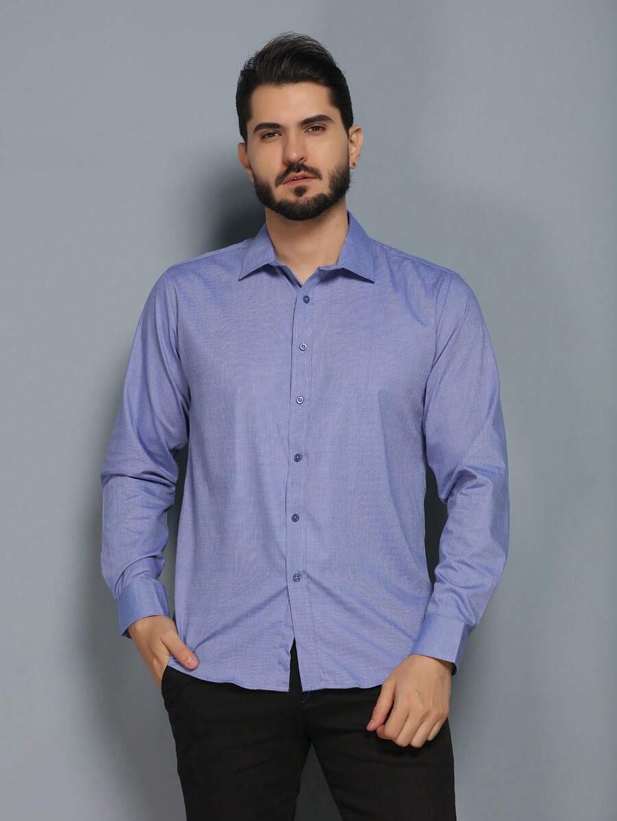 Men's Summer Spring Autumn Long Sleeve Shirt Business Formal Wear No Ironing Anti-Wrinkle Slim Solid Color - 藍色 - 查看 1