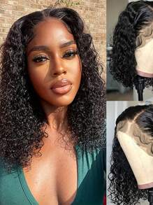 13x4蕾丝前假发，短款波浪卷发，150%密度透明蕾丝前假发，真人发丝，预先拔毛并带有婴儿发，自然发际线（8-14英寸） - 黑色 - 查看 3