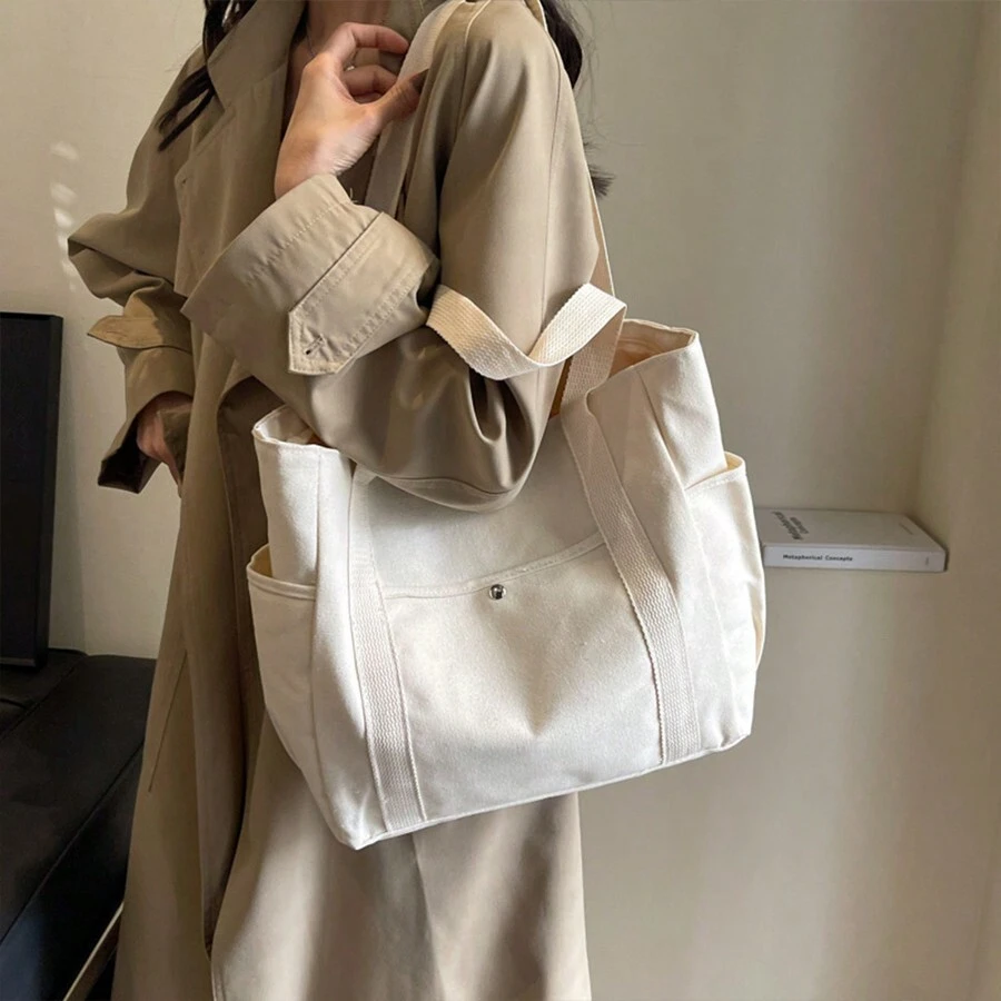 1 Piece Canvas Bag Storage Bag Ins 多功能单肩包大容量学生上课通勤户外工作包手提包 - 米色 - 查看 1