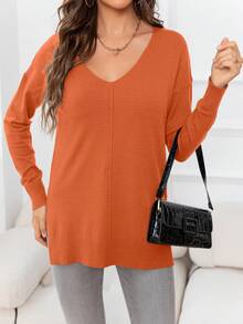 DEARCASE V-Neck Drop Shoulder Split Hem Sweater