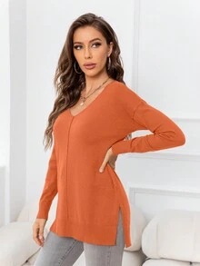 DEARCASE V-Neck Drop Shoulder Split Hem Sweater