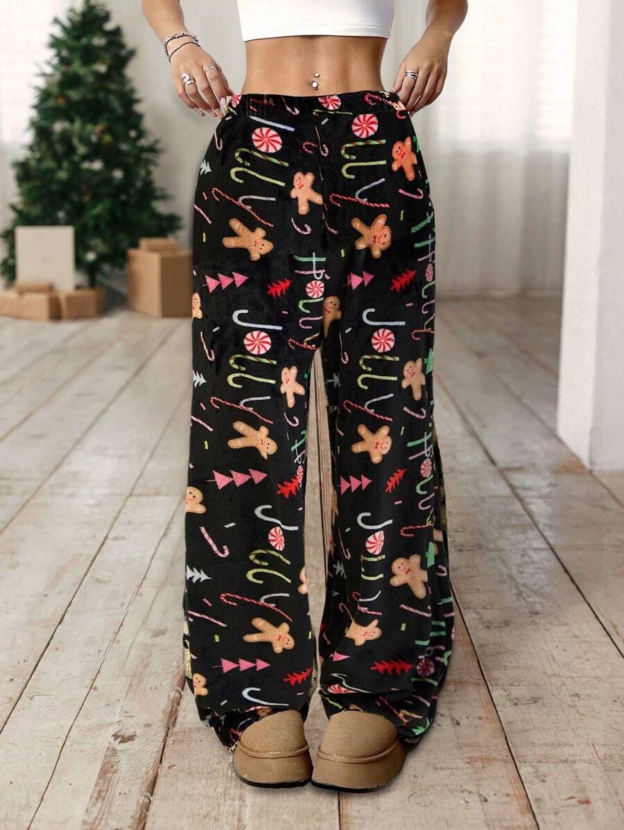 New Gingerbread Man Print Casual & Comfortable Plush Long Pajama Pants - Multicolor - View 1