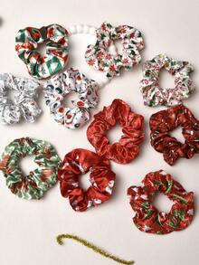 10pcs Christmas Intestine Hair Scrunchies, Soft Ponytail Holders, Cute Printed Elastic Hair Bands, Suitable For Girls, Great For Christmas, Gifts, Friends ,Hair Ties - Multicolor - View 7