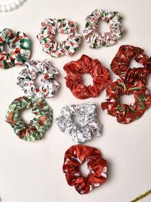 10pcs Christmas Intestine Hair Scrunchies, Soft Ponytail Holders, Cute Printed Elastic Hair Bands, Suitable For Girls, Great For Christmas, Gifts, Friends ,Hair Ties - Multicolor - View 6