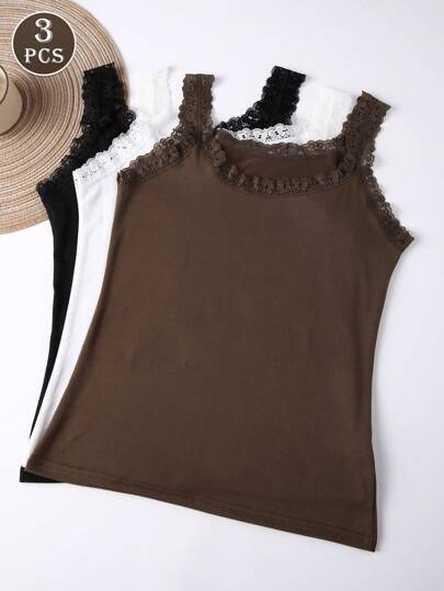 3pcs Women Solid Color Lace Trim Decorated Crew Neck Sleeveless Vest Splicing Collar Camisole Thin Tank Top