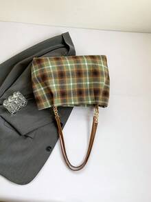 时尚条纹手提包 - 女士大容量单肩包 - 日常使用拉链托特包，配有金属链条肩带，简约链条单肩托特包，适合少女、女性、大学生、新秀和白领工作者，非常适合办公室、工作、商务、通勤，是女性最佳工作包、沙滩包、夏季草编包 - 綠色 - 查看 8