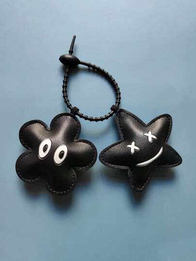 Cute Fashion Leather Bag Charm Black Flower & Star Keychain