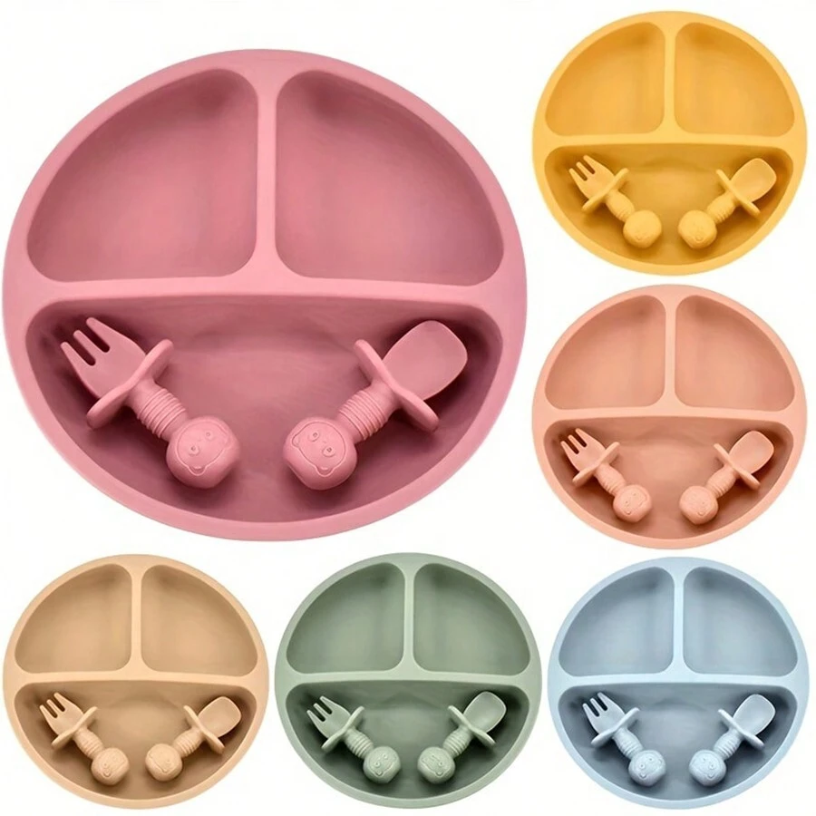 Bneseus 3pcs Silicone Baby Plate Set With Smiling Face Design, Non-Slip Toddler Divided Plate, Fork And Spoon For Dishwasher And Microwave, Suitable For 0-3 Years Old Children