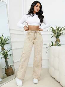 Damskie jeansy casualowe z nadrukiem tie-dye i luźnymi prostymi nogawkami