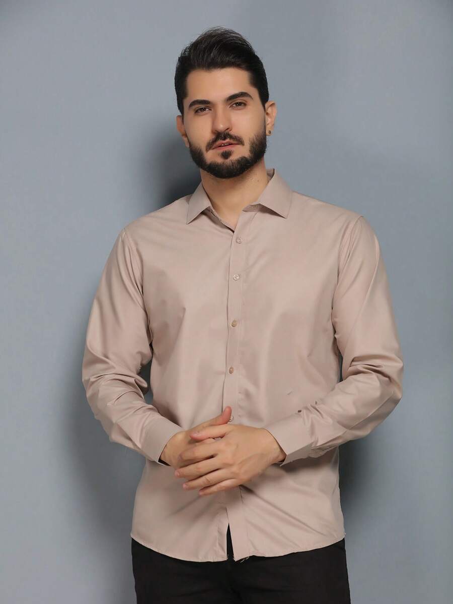 Men's Summer Spring Autumn Long Sleeve Shirt Business Formal Wear Non-Iron Anti-Wrinkle Thin Slip Material - 卡其色 - 查看 1