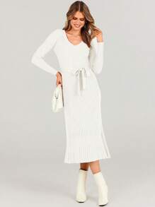 Woman's Fall & Winter Skinny Bodycon Knit Dress, Solid Color V-Neck Long Sleeves Lace Up Waist Midi Dress, Suit For Inner And Outer Wear - trắng - Xem 3