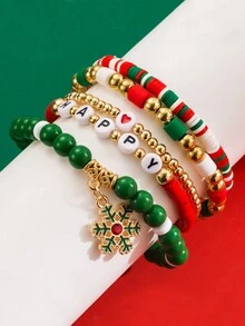5pcs/Set Kids Christmas Bracelet Set - Girls Red Green White Beaded Letter, Christmas Tree, Snowflake Charm Elastic Bracelet, Holiday Decor, Birthday Party, Gift, Everyday Match - Multicolor - View 7