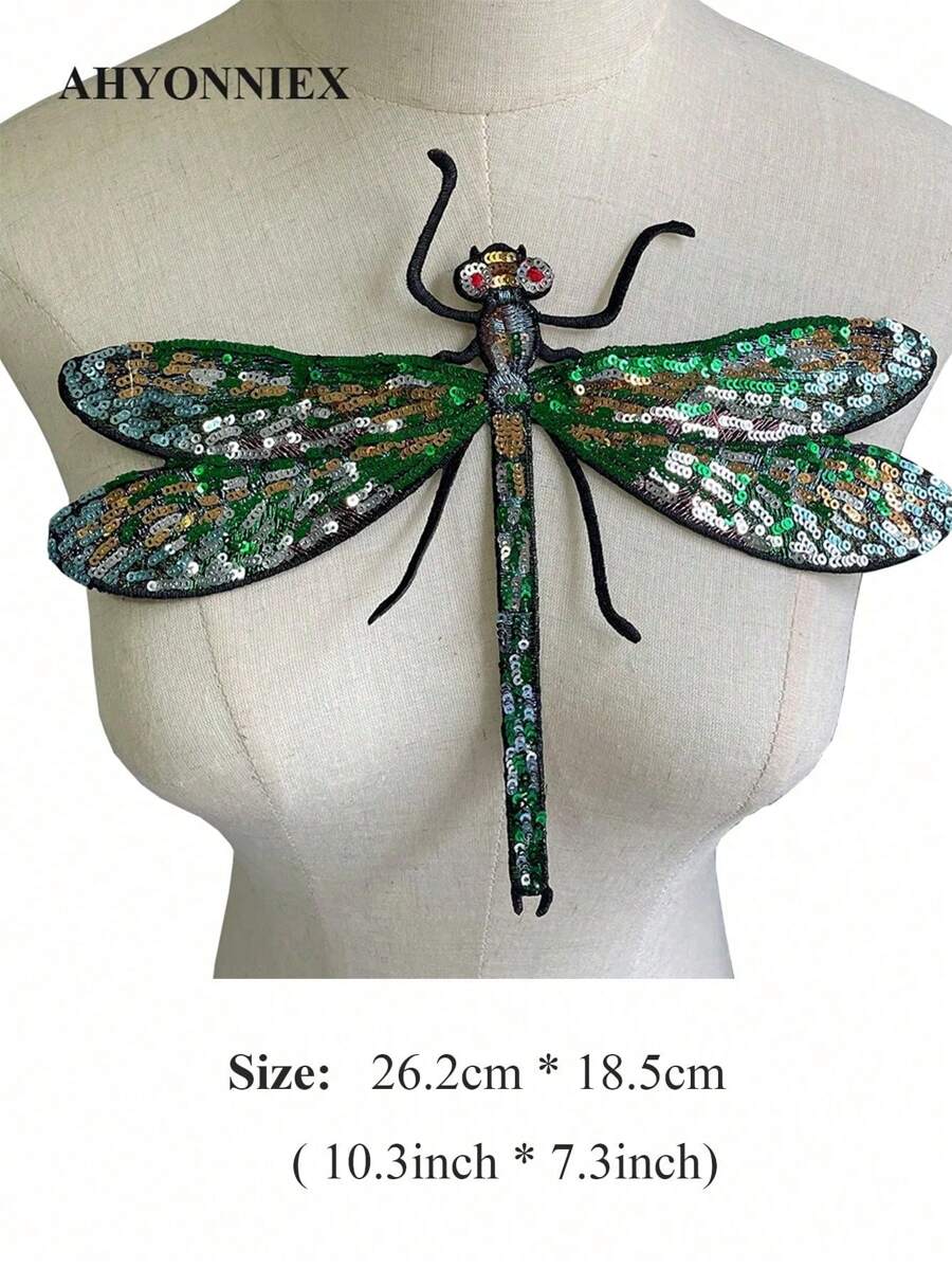 1 Peça Remendo com Design de Libélula Verde Sequinada, Moda Brilhante Termocolante para Roupas, Acessórios DIY