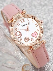 6pcs Pink PU Alloy Firework Heart Design Quartz Watch, Hollow Necklace, Bracelet, Ring, Earring Jewelry Set, Birthday Gift For Kids - Pink - View 5