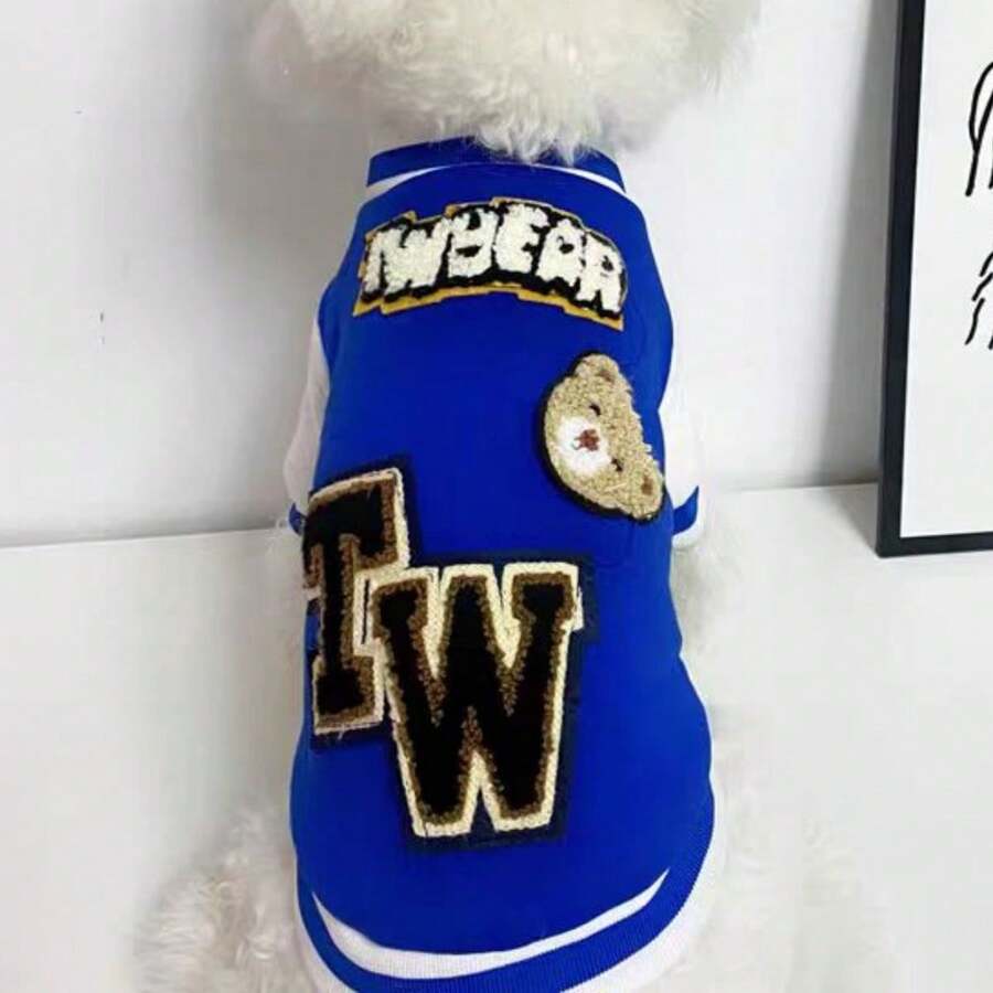 宠物棒球夹克，蓝色外套，适合雪纳瑞、柴犬等小型犬，春秋季节保暖服装 - 藍色 - 查看 1