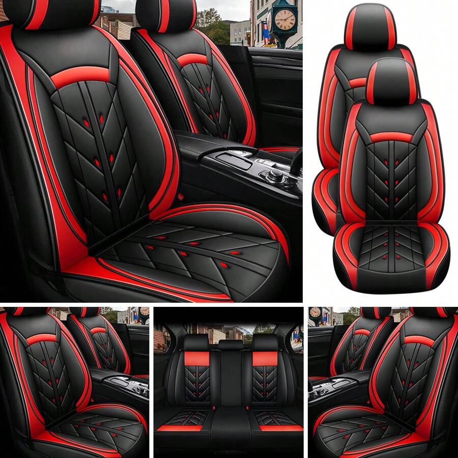 5-Seater Car Seat Cover Full Set Complete Universal Deluxe Front And Rear Cushion Protectors, PU Leather Cushion Protectors For Most Cars, Trucks, Sedans And SUVs Waterproof Car Seat Cover Accessory Kit - 紅色 - 查看 1