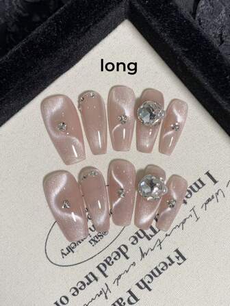 10 st/förpackning ljusrosa trapetsformade glänsande mjuka kattunge strass nageldekaler, handgjorda nagellappar lämpliga för vardagsbruk och datumbruk press-on naglar nageltillbehör naglar