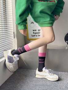 5 Pairs Randomly Shipped Women's Autumn/Winter Simple Stitched Colorful Letter Socks, Casual And Sports Mid-Calf Socks, Double Layer Sports Socks, Wear-Resistant - Multicolor - View 5