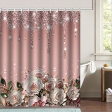1/4pcs Sparkling Rhinestone Shower Curtain Bathroom Set - Pink Blue Flower Shower Curtain, Bathroom Floor Mat Non Slip Mat, Bathroom Accessories Decoration, Comes With 12 Plastic Hooks, 70.8 "Wx70.8" H Home Bathroom Decor Fall Decor Back To School - Multicolor - View 5