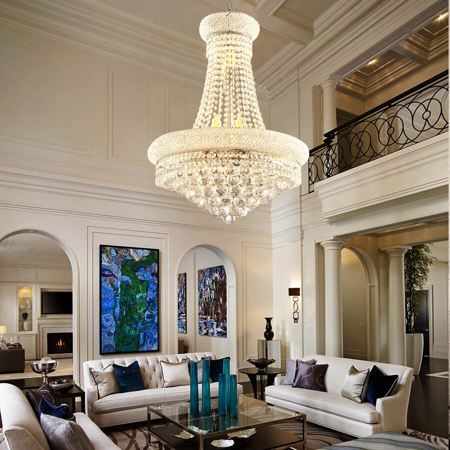 23 Inch 13 Light Empire Style Crystal Chandelier, High Ceiling Chandelier - Silver - View 1