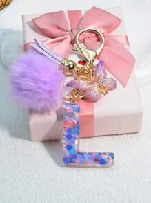 1pc Resin Letter Key Chain, Fashionable Women Handbag Heart Keyring Holder Butterfly Tassel Decor Valentine's Day Car Accessories Bag Charm Backpack For School Cute Goth Y2k Halloween Accessories Teachers Day Christmas Gift Ideas Bag Lanyards With Id Holder Car Accessories Bag Charms Car Friend Sister Gifts For Mother, Father, Graduation, And Teacher - Purple - View 13