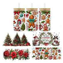 4pcs Christmas Tree Gingerbread Poinsettia Snowman UV Dtf Cup Wraps Transfer Sticker For Mug Bottle Cup Tumbler Waterproof & Scratch-Resistent UVDtf Cup Wraps Decal For Libbey Glass Cup DIY Craft Decorations Rub On Transfers Stickers For 16 Oz Libbey Glasses Crafting