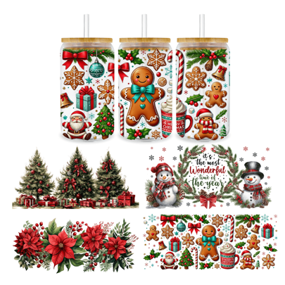 4pcs Christmas Tree Gingerbread Poinsettia Snowman UV Dtf Cup Wraps Transfer Sticker For Mug Bottle Cup Tumbler Waterproof & Scratch-Resistent UVDtf Cup Wraps Decal For Libbey Glass Cup DIY Craft Decorations Rub On Transfers Stickers For 16 Oz Libbey Glasses Crafting