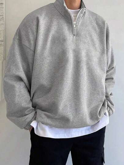 Herren Große Größen Einfarbiger lässiger Hoodie mit halbem Reißverschluss und Langarm für Herbst/Winter, locker geschnitten