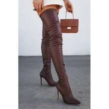 Leather Pointy Toe Thigh High Single Sole Stiletto Boot - 棕色 - 查看 2
