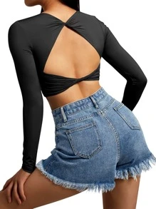 女士夏季镂空性感长袖T恤，性感黑色长袖上衣镂空服装，瑜伽透气柔软扭曲交叉背部