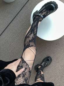 1pc Coffee Brown Asymmetrical Distressed Fishnet Stockings For Women, One Size Fits All, Suitable For All Seasons And Outfits - Black - View 5