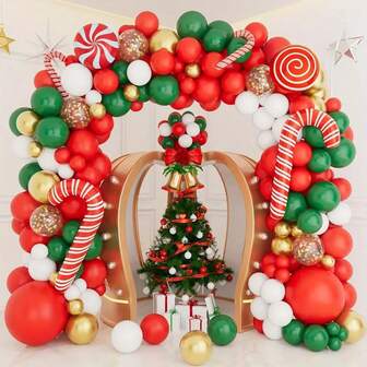 116 piezas/Set de globos de látex rojos, verdes, blancos y dorados, corona, molino de viento, piruleta, bastón de caramelo, decoración de globos de papel de aluminio para Navidad, Año Nuevo, decoración del hogar interior y exterior