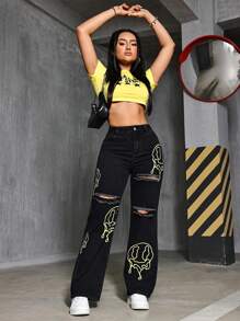 Damskie jeansy casualowe w stylu ulicznym z nadrukiem i przetarciami