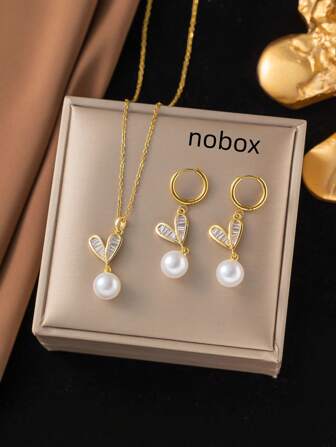3pcs 18K Gold Plated Stainless Steel Cubic Zirconia Heart Faux Pearl Jewelry Set, Fashionable Design Elegant For Daily Commute, Party, Halloween, Christmas, Thanksgiving, Gift For Friends (Packaging For Photography Only) Valentines,Mom,Mother,Mother's Day,Gift